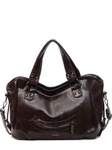 1 Túi xách tay cổ điển dung tích lớn, Túi đeo vai PU cổ điển, Túi tote thường ngày cho nữ và Ví - Cà phê nâu - Xem 6