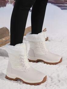女式冬季高帮百搭翻领保暖内衬保暖雪地靴、女式户外防滑登山靴、新款女式加大码高帮防滑高筒靴、女式保暖内衬厚底靴、女式圆头系带高筒靴、时尚保暖女式雪地靴、女式冬季户外登山靴 - 米色 - 查看 4