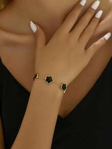 1pc Classic Clover Fashionable  Design Bracelet Set-18k Gold Stainless Steel Penta Flower Design Bracelet For Women, Plated Valentine - 黑色 - 查看 2