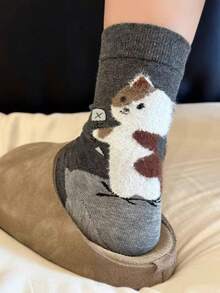 4 Pairs Autumn New Cute Cartoon Cat Heel Design Versatile Stylish Mid-Calf Socks