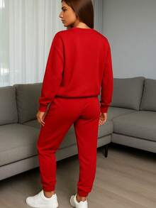 Conjunto de pants  Sudadera y pantalón  Felpa suave  Cuello redondo Estilo cómodo  Conjunto deportivo - Rojo - Ver 3