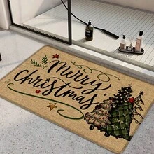 1 pièce Tapis de cuisine en lin imprimé motif sapin de Noël, cadeau de Noël, décoration de Noël, tapis de cuisine, tapis de sol, tapis de salle de bain, paillasson, rectangle imprimé en 3D, convient pour le salon, la chambre, le couloir, la salle de bain, la buanderie - Tapis en polyester, décoration d'intérieur et d'extérieur