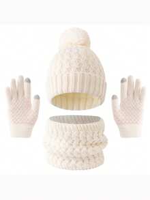 Bộ 3 món mũ ấm áp mùa thu/đông cho trẻ em, khăn quàng cổ và găng tay, mũ len thun hai tua rua dễ thương, bộ 3 món chống lạnh, màu cầu vồng - Nhiều màu - Xem 29