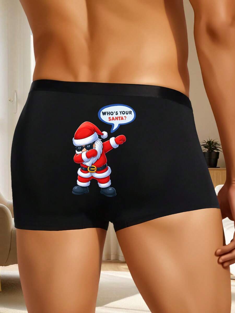 1pc Men's Black "Who's Your Santa?" Christmas Print Boxer Briefs, Soft & Comfortable, Suitable For Home, Running & Sports, Christmas Holiday Gift For Boyfriend And Father - Black - View 1