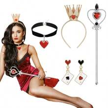 8 件套万圣节女王角色扮演服装配饰套装，包括带心形水钻的金色皇冠头饰、红色心形宝石权杖和心形耳环，适合女士和女孩派对 - 彩色 - 查看 12