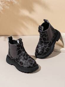 2024新款时尚豹纹女童踝靴，平底套穿侧拉链踝靴，软底百搭公主靴 - 深灰色 - 查看 3