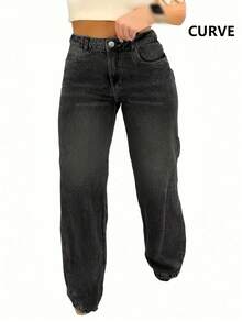 Quần jean ống đứng denim cỡ lớn có túi cài nút, khóa kéo, dài đến đầu gối, chất liệu vải không co giãn - Màu xám đen - Xem 4