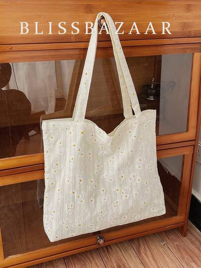 Handmade Daisy Flower Printed Canvas Shoulder Bags,Embossed Floral Handbag,Tote Bag Art,Casual Tote Bag,Girls Bags For Book,Shopping Lightweight,Business Casual Floral Embroidery Shopper Bag