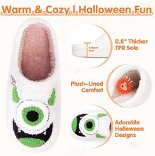 Cozy Plush Halloween Pumpkin Slippers, Non-Slip Fluffy Design - White Green - View 3