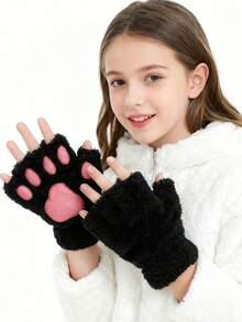 8-16Y Cat Claw Gloves Plush Half Finger Bear Paw Fingerless Gloves Cute Girl Thick Fleece Halter Neck Gloves Cartoon Warm Hands - Multicolor - View 3