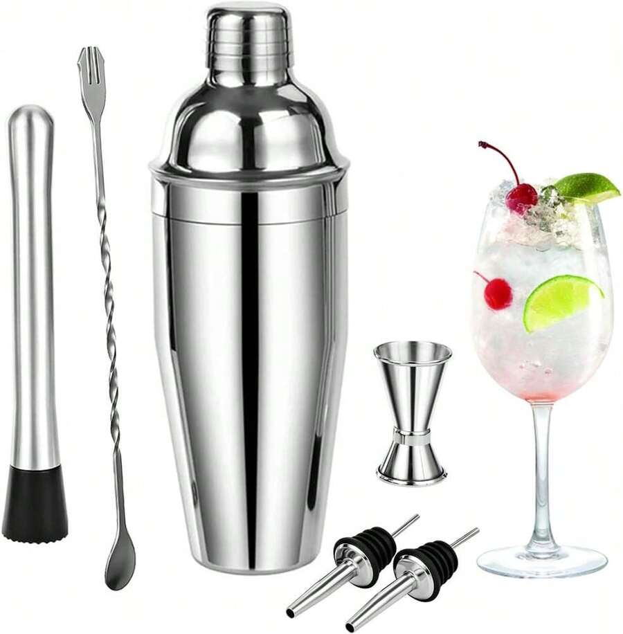 Conjunto de coctelería, juego de coctelería, juego de 6 piezas de herramientas de Bar, mezclador de coctelería de acero inoxidable, juego de accesorios de 750ml, tubo de ensayo graduado de doble cara 30/15ml, boquilla de vino, agitador de hielo, cuchara agitadora - 1 - Ver 1
