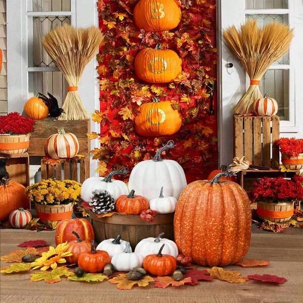 7 piezas de decoración de calabazas artificiales, calabazas falsas grandes, calabazas de espuma naranja para el otoño, Halloween, Acción de Gracias, decoración del hogar, decoración de fiestas al aire libre
