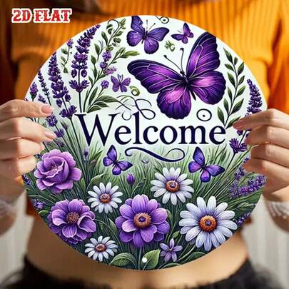 2D Flat 1 Piece Purple Floral Aluminum Metal Tin Sign, Green Leaf Round Aluminum Sign, Colorful Butterfly 7.87X 7.87inch Round Aluminum Sign - Welcome Text Simple Metal Wall Art, Metal Wall Decoration, Home, Garage, Restaurant, Cafe Wall Decoration Sign