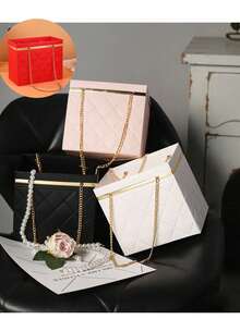 Foldable Floral Gift Box With Chain Handle, Made Of Thick Cardboard And Metal Chain, Sturdy And Waterproof, Suitable For Fresh Flowers, Dried Flowers, Handmade Gifts, Compact Folding Design, Simple And Elegant Style, Available In Multiple Colors