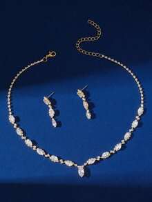 Sparkling Crystal Cubic Zirconia Jewelry Set, 18K Gold Plated Necklace & Earring Set, Simple Yet Elegant, Perfect Accessory For Weddings, Parties And Any Occasions - Vàng - Xem 2