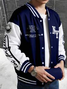 1 件男童和青少年休闲复古纯色羊毛连帽开衫棒球夹克，带图案印花，春/秋/冬