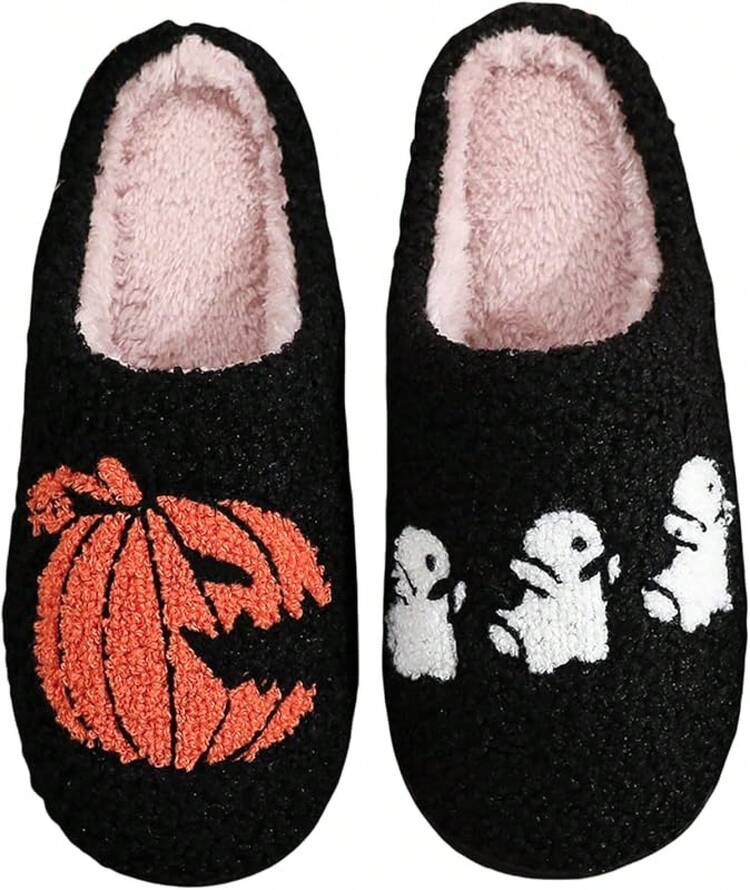 Cozy Plush Halloween Pumpkin Slippers, Non-Slip Fluffy Design - 組合 H - 查看 1