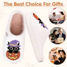 Pantuflas de calabaza de peluche acogedor de Halloween, diseño esponjoso antideslizante - Gato Brujo Calabaza - View 8