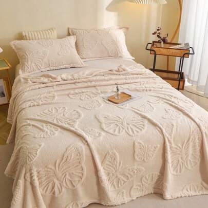 1pc Thick Bohemian Butterfly Jacquard Faux Fur Fleece Blanket, Soft & Warm, Dual-Use As Bedding, Throw, Decor For Living Room, Bedroom, Dorm, Office, Car, Travel, Picnic, Party, All Seasons
