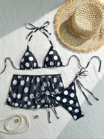 Bộ 3 món tối giản thanh lịch gợi cảm dành cho nữ, áo bikini buộc dây chấm bi toàn thân, chân váy đính hạt, trang phục dự tiệc bãi biển, hàng mới về mùa xuân/hè