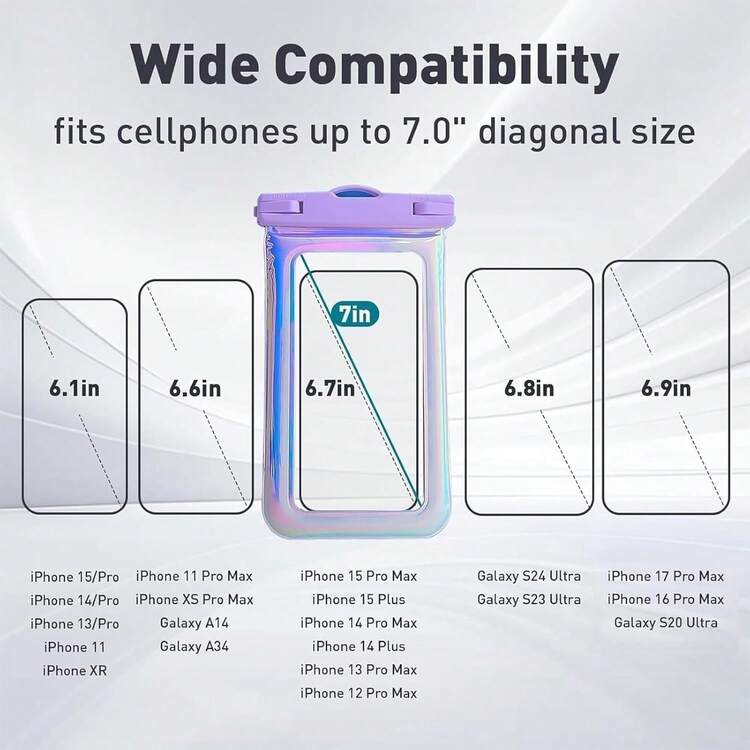 Funda Impermeable Flotante para Teléfono para 17 16 Pro/15/14/13/12, Bolsa Seca para Celular IP68 para Viajes, Bolsas Esenciales para Playa y Crucero con Correa Cruzada, Púrpura Iridiscente -″ - A09-Púrpura iridiscente y negro - Añade 9