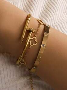 1 Set Bracciale in acciaio inossidabile minimalista a fiore cavo, 3 pezzi, alla moda, versatile, elegante, creativo, adatto per uso quotidiano, regalo per donna