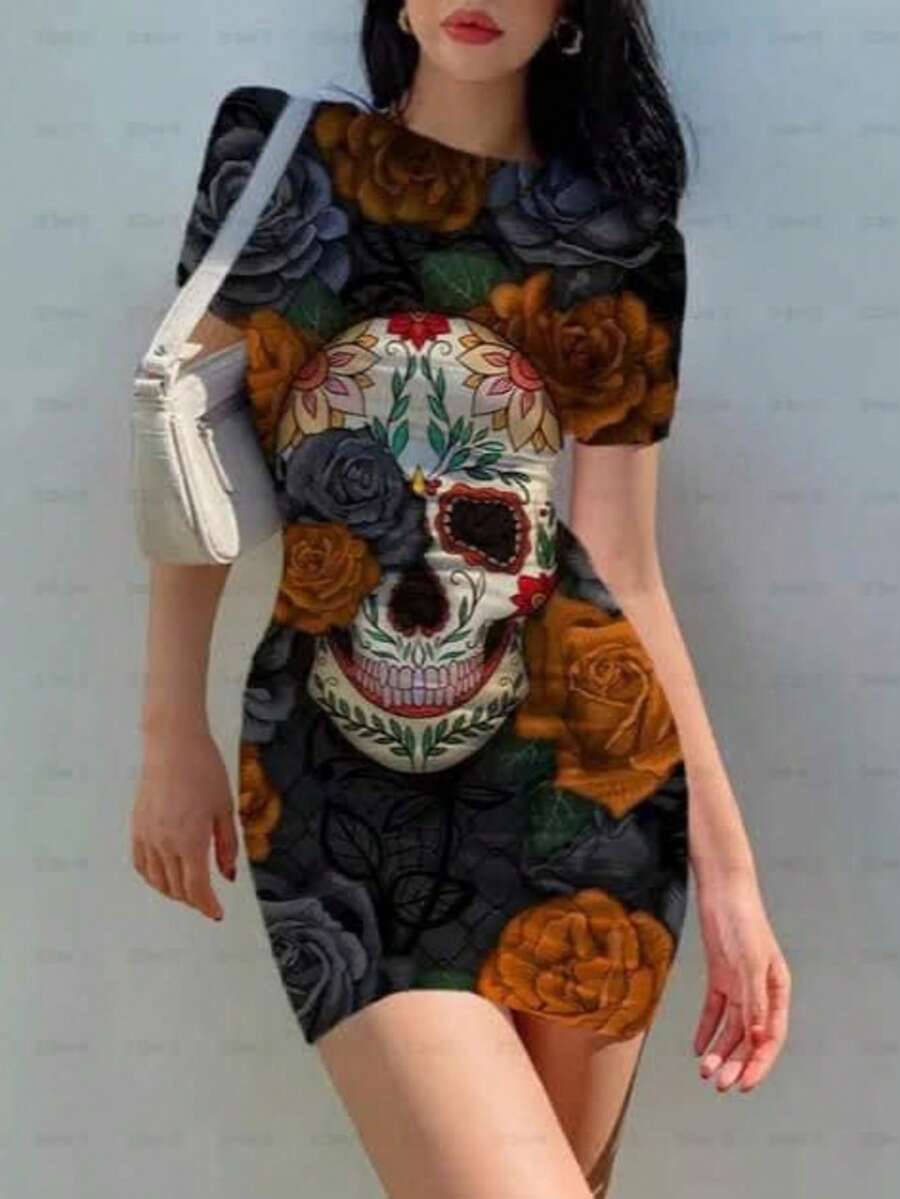 Vestido corto ajustado para dama unitalla 32 34 con estampado de calaveras coloridas y catrina floral ideal para Día de Muertos y Halloween, manga corta, mini vestido cómodo y femenino, prenda ligera de una sola pieza que estira ligeramente, no se transparenta, no se despinta al lavar, perfecto para fiesta temática, disfraces, reuniones, salidas nocturnas o uso casual, diseño llamativo que realza la silueta y combina con accesorios para un look único y original - Craneo y cempasuchil - Ver 1