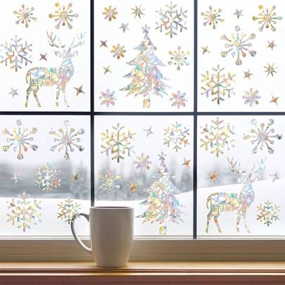50pcs/2 Sheets Christmas Tree, Snowflake, Reindeer Window Clings, Colorful Rainbow Window Stickers For Winter Home Decor, PVC Glass Stickers For New Year Decoration, Anti-Collision Window Decals, Rainbow Prism Sun Catcher Window Film