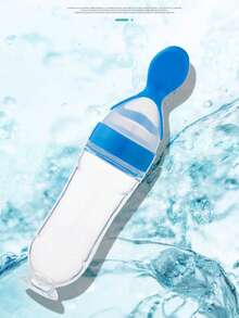 1pc Baby Food Squeeze Bottle, Silicone Infant Feeding Bottle With Spoon, Children Complementary Food Feeder, Suitable For Puree, Unisex Pink/Blue - Blue - View 3