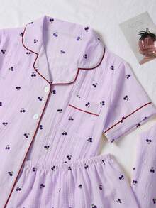 3pcs Bubble Crinkle Cherry Print Women Pajama Set - Short Sleeve Button Collar Top And Shorts + Long Pants - 紫羅蘭色 - 查看 5