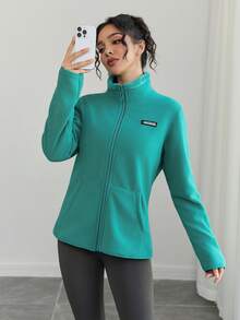 1 pieza Chaqueta de forro polar para mujer, chaqueta delgada con cuello alto con cremallera, transpirable y cálida, adecuada para senderismo, viajes y deportes de esquí en primavera, otoño e invierno - Verde - Ver 2