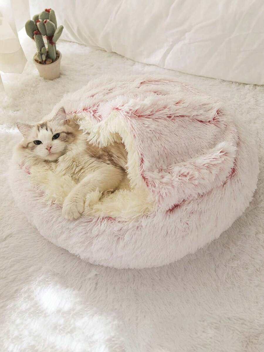 1pc Plush Round Pet Bed, Cat House, Dog Beds, Cat Accessories, Fluffy Soft Cat Bed, Donut Pet Cushion, Winter 2 In 1 Cat Bed, Warm Sleeping Bag Sofa Cushion, Outdoor Cat House, Pet Stuff, For Room Decor, Christmas, Fall Decor, Halloween Decor - 粉色 - 查看 1