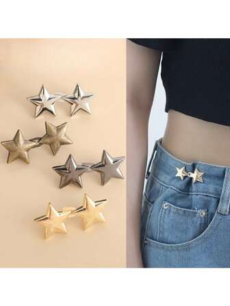 1 par de botones de pantalón con forma de estrella, ajustador de cintura de pantalón, juegos de hebillas de cintura ajustables, sin coser y sin herramientas, hebillas decorativas desmontables para cintura, pasadores de botones de jeans para pantalones sueltos