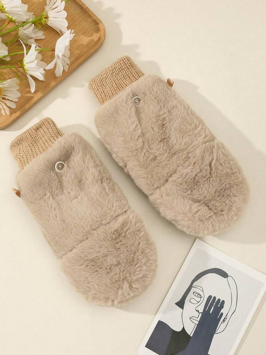 1 par de guantes sin dedos para mujer en color marfil, forrados térmicamente, cálidos y aptos para uso diario en invierno - Caqui - Ver 1