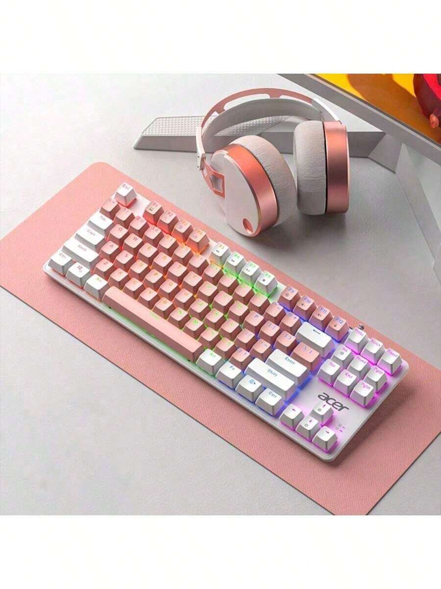 Acer OKW132 Split Mechanical Keyboard, 87-Key Compact Layout, Silicone Keycaps, Full-Key Anti-Ghosting, Splash-Proof Design, Long Battery Life, Smart Switching, Ergonomic And Comfortable Experience, White Powder White - Pink - View 1