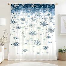 1PC Blue Snowflake Christmas Sheer Curtain, Gradient Snowfall Design, Light Filtering, Voile, Festive Home Rod Pocket Window Decor. - Multicolor - View 4