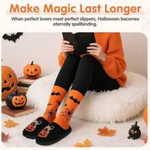 Cozy Plush Halloween Pumpkin Slippers, Non-Slip Fluffy Design - Black Pug - View 3