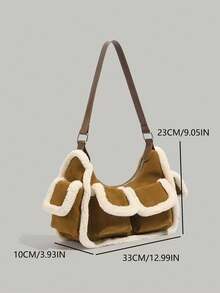 Korean Fashion Retro Faux Shearling & Suede Underarm Tote Bag For Women, Patchwork Shoulder Bag, Fluffy Commuter & Daily Casual Shopping Handbag - Brown - View 5