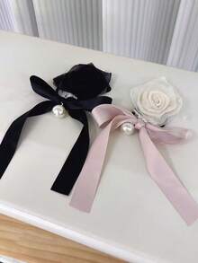 1pc Rose Bow Elegant Polyester Hair Scrunchie, Versatile French Style Pearl Bow Hair Tie Ponytail Holder For Women ,Ponytail Holders ,Hair Elastics ,Hair Rubber Bands ,Scrunchies ,Hair Rope ,Elastic Hair Tie - Multicolor - View 7