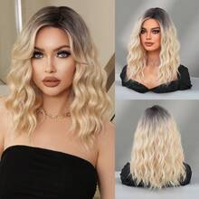 7JHH WIGS 18 英寸中长渐变金色卷发假发，女士齐肩波浪假发，侧分刘海，天然合成耐热纤维假发，适合女孩日常派对使用 - 金色 - 查看 12