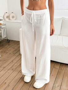 Women's Casual Versatile Solid ColorTextured Simple Loose Wide LegPants Fall Cloth For Womenwith A Stylish Fake Drawstring And Pockets,Christmas