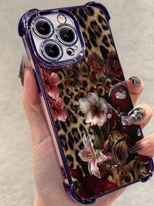 1pc Leopard Cherry Flowers Compatible With Apple Phone17/16/15/14/13/12/11/ProMax/Pro/Plus/Xs Max/XS/X,Four Corner Anti Fall Transparent Soft Shell Anti-Slip, Anti-Drop, Camera Lens Protection, Silicone Anti Wear Phone Case - 深紫色 - 查看 4