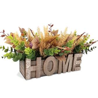 صندوق خشبي مستطيل به نباتات اصطناعية من أوراق البوكسوود والأوراق الخريفية، وأزهار الداليا البنفسجية والأوراق الاصطناعية للأوكالبتوس، ديكور منزلي موسمي للغرفة المعيشية، عيد الهالوين والشكر، نباتات خضراء على المكتب مع حاوية