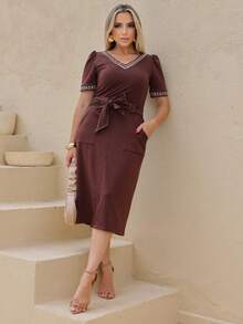 Women's Plus Size Set V-Neck Blouse Midi Skirt With Pocket Sweatshirt Elegant Evangelical Fashion Simple Office - 鏽棕色 - 查看 8