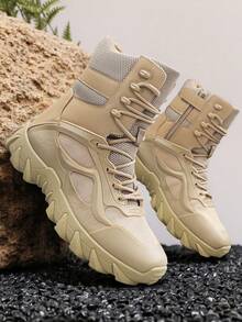 男士登山靴2025新款厚底防滑耐磨高帮圆头系带舒适男士高帮牛皮网布透气舒适男靴，男士户外摩托车骑行鞋，舒适男靴，尺码最大可达47