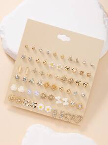 30 Pairs Assorted Cute Metal Stud Earrings Set - Bowknot, Flower, Heart, Snowflake, Rhinestone Designs, Fashion Jewelry Gift For Women, Suitable For Casual And Holiday Wear - Yellow Gold - View 1