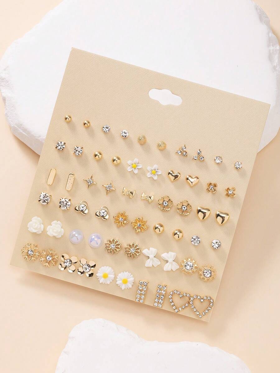 30 Pairs Assorted Cute Metal Stud Earrings Set - Bowknot, Flower, Heart, Snowflake, Rhinestone Designs, Fashion Jewelry Gift For Women, Suitable For Casual And Holiday Wear - Yellow Gold - View 1
