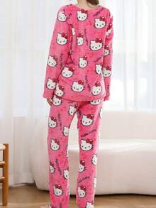 Sanrio طقم ملابس كاجوال لفتيات المراهقات مكون من ملابس علوية رقبة طاقم وبنطلون ناعم، طباعة رسوم كرتونية هالو كيتي، مناسب للشتاء