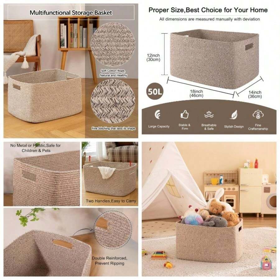 - Cesta de 75 litros, cesta de almacenamiento de manta tejida con asa, cesta de cuerda de algodn para organizar 55.88x 43.18x 30.48, cesta de manta para sala de estar, cesta de - amarillo + 18"x14"x12" - Ver 1