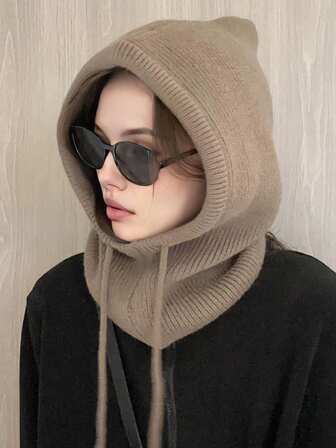 1pc Women's Gray Drawstring Balaclava Knit Face Neck Warmer Outdoor Ski Protective Hood Scarf Cowl Suitable For Winter